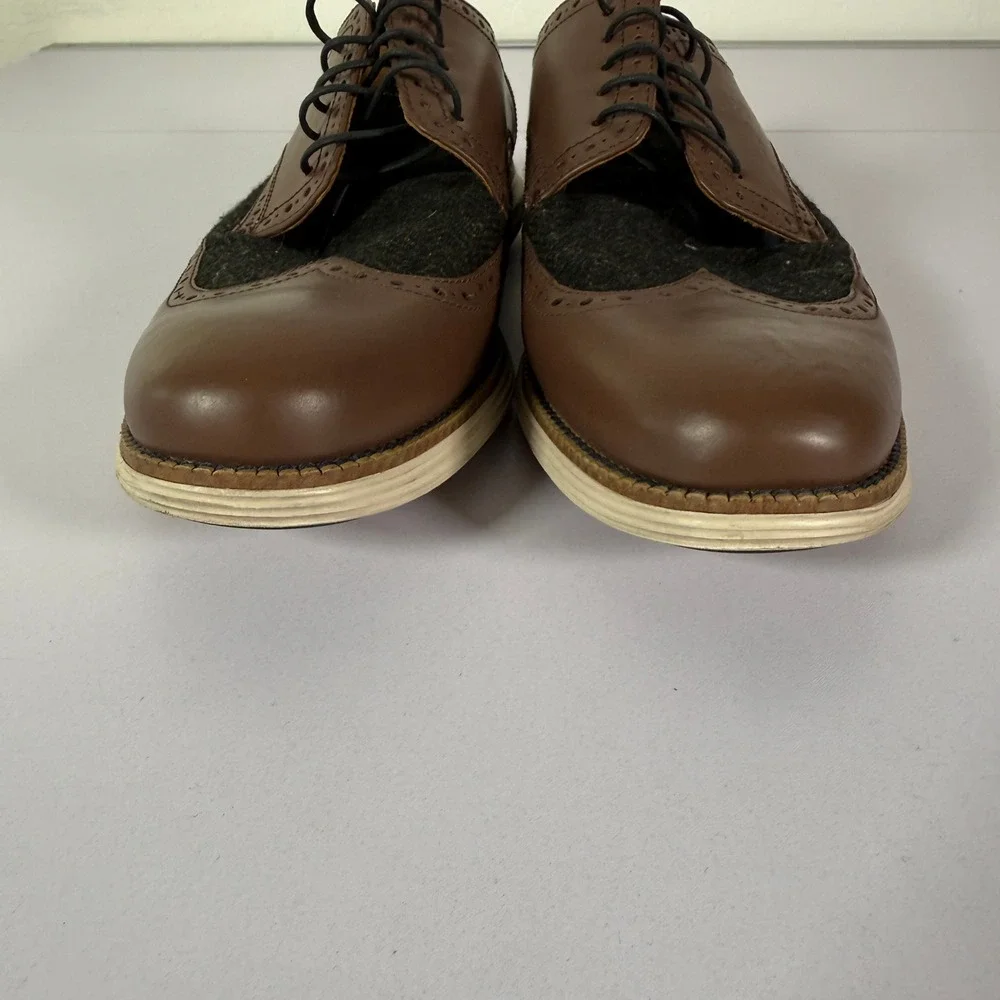 Cole Haan Grand OS Wingtip Oxford Mens 10.5W Brown Leather Wool Tweed C21688